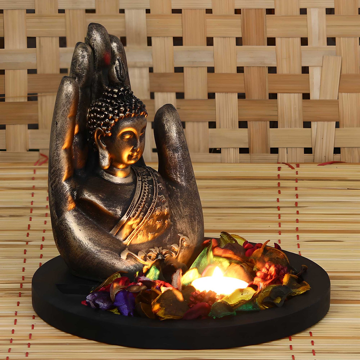 Copper Finish Handcrafted Palm Buddha Decorative Showpiece with Wooden Base