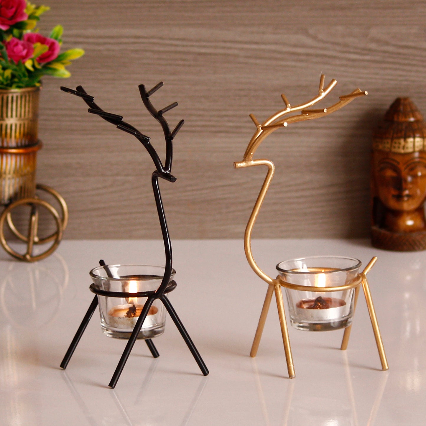 Set of 2 Deer Shape Decorative Handcrafted Metal Tea Light Holder