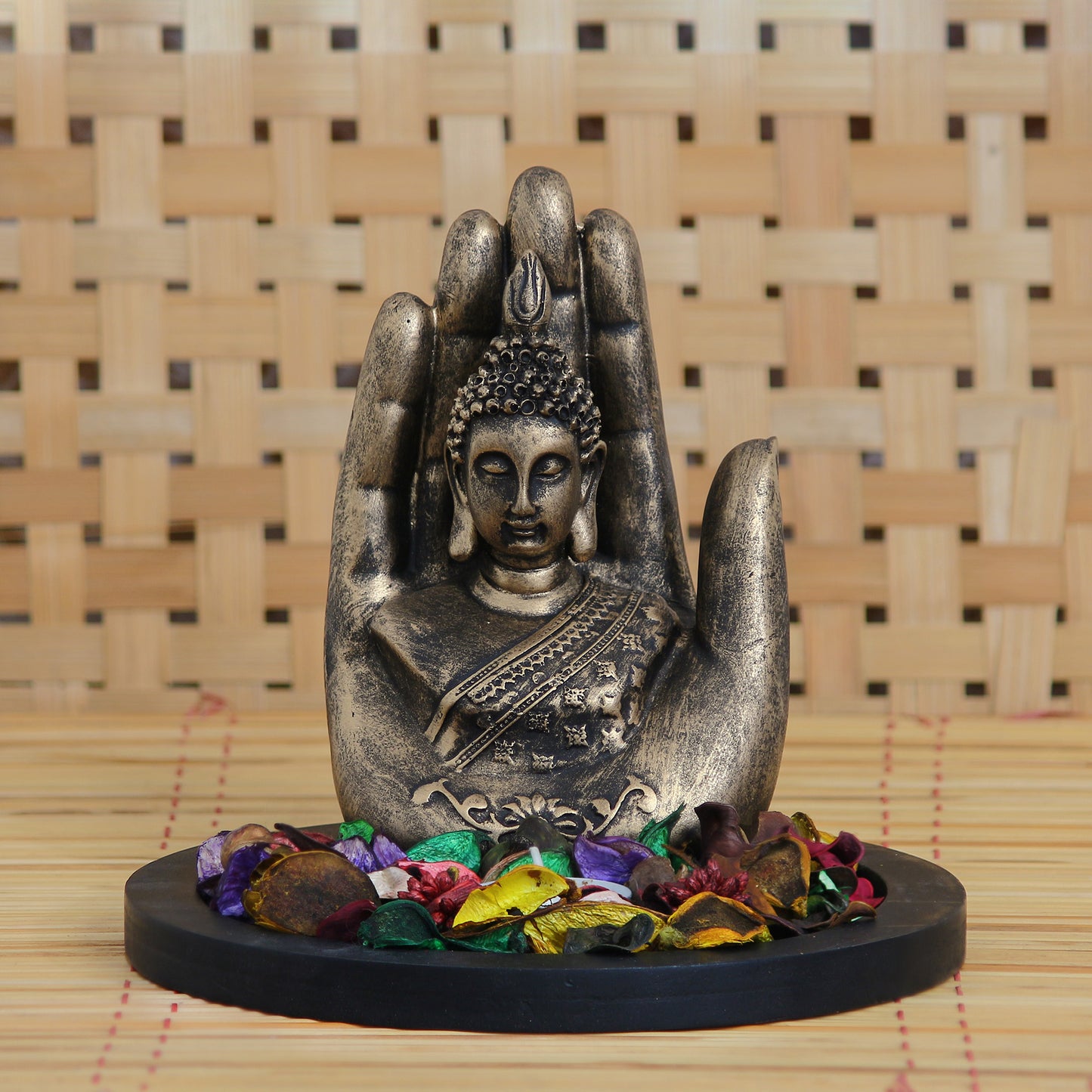 Copper Finish Handcrafted Palm Buddha Decorative Showpiece with Wooden Base