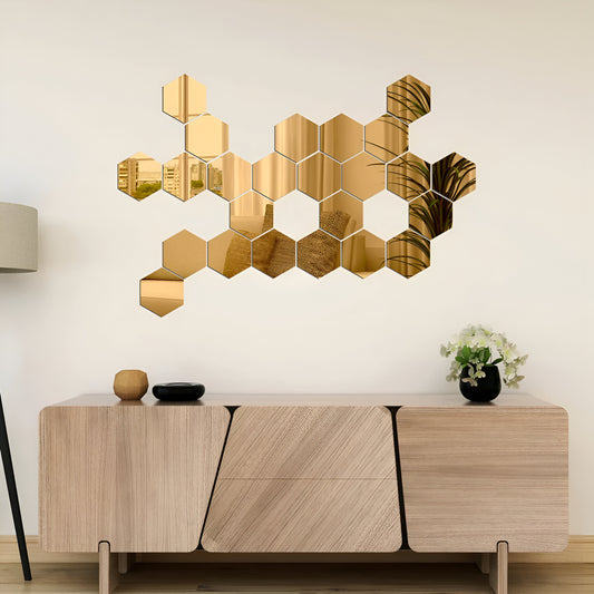 Hexagon Wall Mirror Stickers, Pack Of 40 Stickers (Gold)