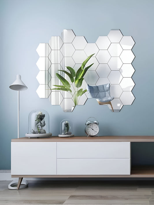 Hexagon Wall Mirror Stickers, Pack of 40 Stickers (Silver)